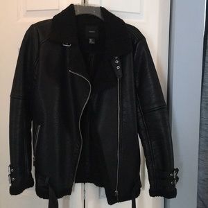 Black,faux leather &shearling lined biker jacket.